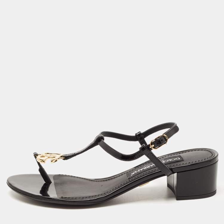 Pre Owned Dolce & Gabbana Black Patent Logo Plaque Thong Sandals Size 37.5