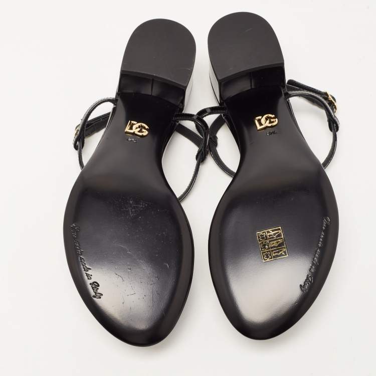 Pre Owned Dolce & Gabbana Black Patent Logo Plaque Thong Sandals Size 37.5