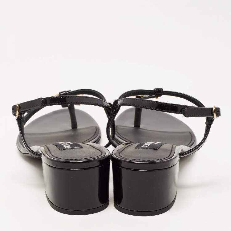 Pre Owned Dolce & Gabbana Black Patent Logo Plaque Thong Sandals Size 37.5