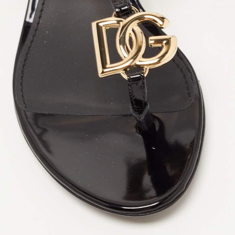 Pre Owned Dolce & Gabbana Black Patent Logo Plaque Thong Sandals Size 37.5