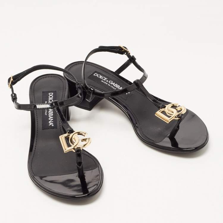 Pre Owned Dolce & Gabbana Black Patent Logo Plaque Thong Sandals Size 37.5