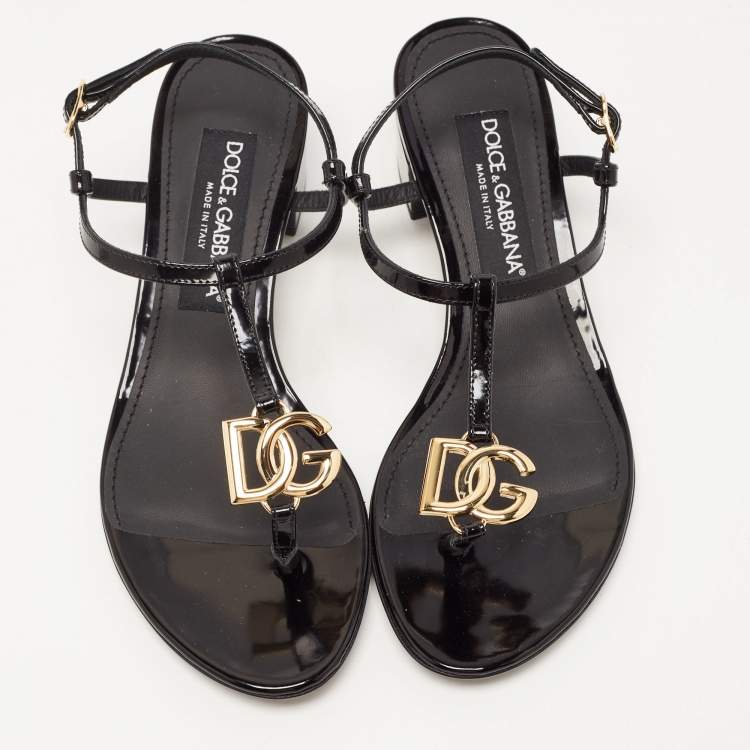 Pre Owned Dolce & Gabbana Black Patent Logo Plaque Thong Sandals Size 37.5