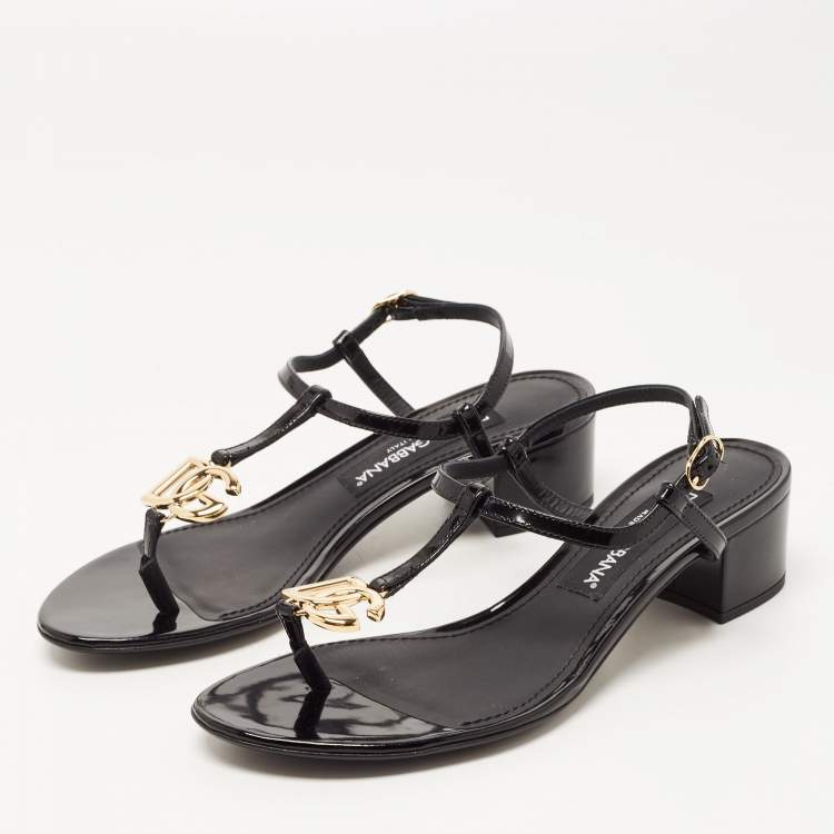 Pre Owned Dolce & Gabbana Black Patent Logo Plaque Thong Sandals Size 37.5