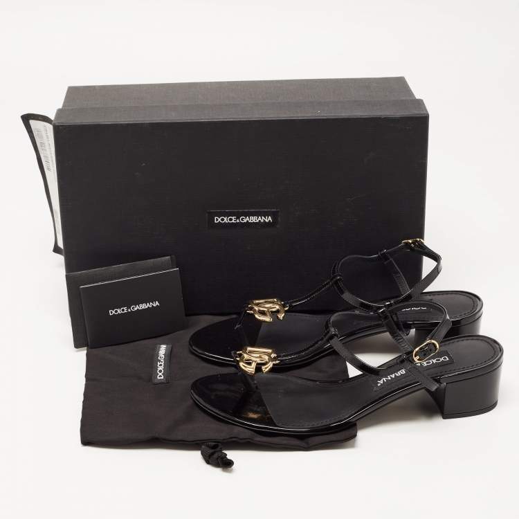 Pre Owned Dolce & Gabbana Black Patent Logo Plaque Thong Sandals Size 37.5