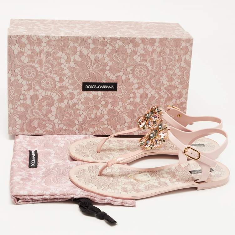 Pre Owned Dolce & Gabbana Pink Rubber Crystal embellished Thong Flat Sandals Size 40