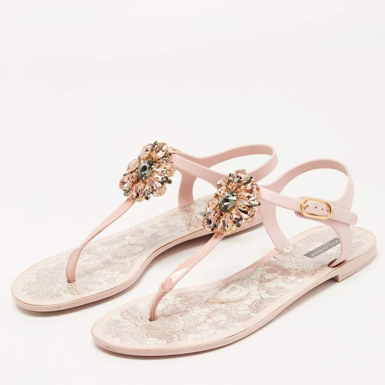 Pre Owned Dolce & Gabbana Pink Rubber Crystal embellished Thong Flat Sandals Size 40