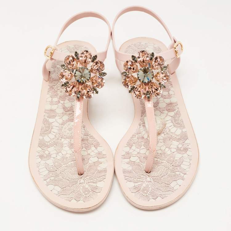 Pre Owned Dolce & Gabbana Pink Rubber Crystal embellished Thong Flat Sandals Size 40