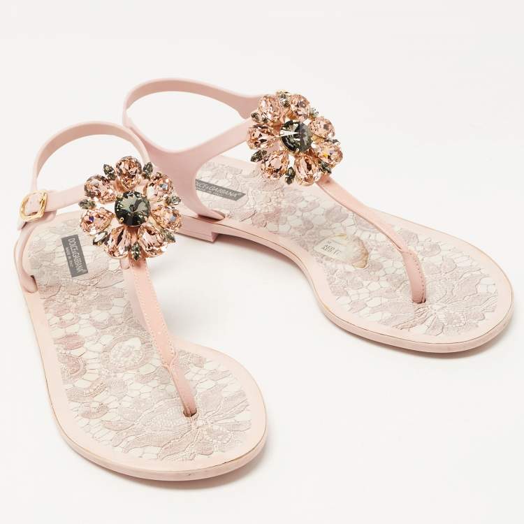 Pre Owned Dolce & Gabbana Pink Rubber Crystal embellished Thong Flat Sandals Size 40