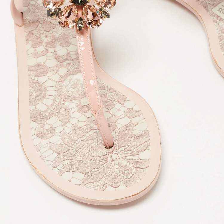 Pre Owned Dolce & Gabbana Pink Rubber Crystal embellished Thong Flat Sandals Size 40