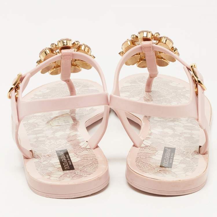 Pre Owned Dolce & Gabbana Pink Rubber Crystal embellished Thong Flat Sandals Size 40