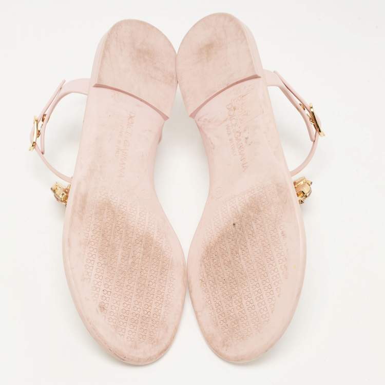 Pre Owned Dolce & Gabbana Pink Rubber Crystal embellished Thong Flat Sandals Size 40