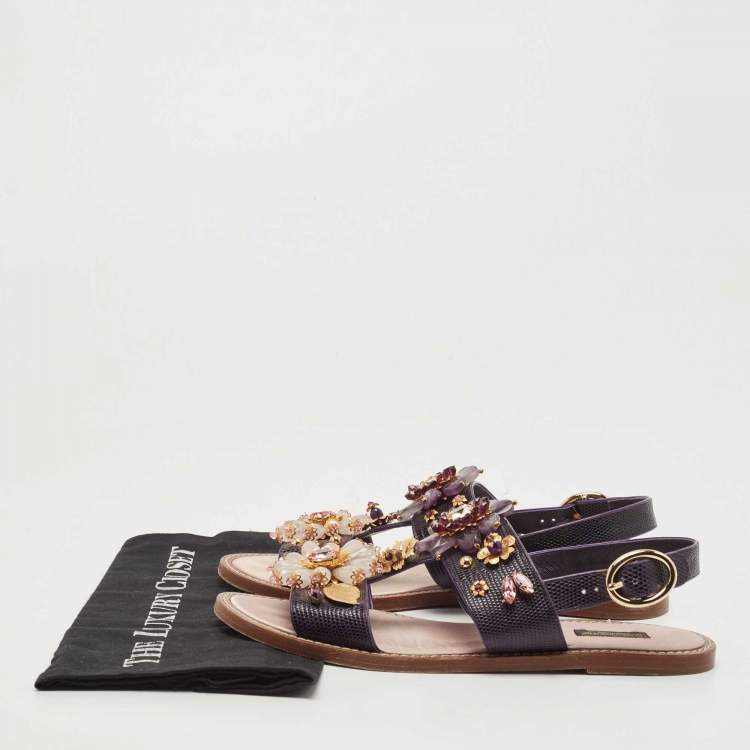 Pre Owned Dolce & Gabbana Purple Lizard Embossed Leather Embellished Ankle Strap Flat Sandals Size 41