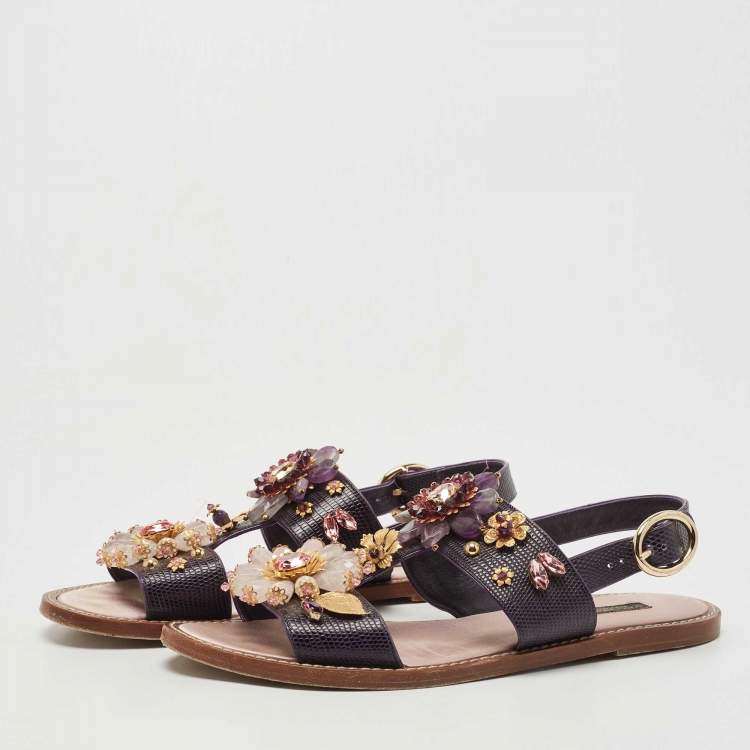 Pre Owned Dolce & Gabbana Purple Lizard Embossed Leather Embellished Ankle Strap Flat Sandals Size 41