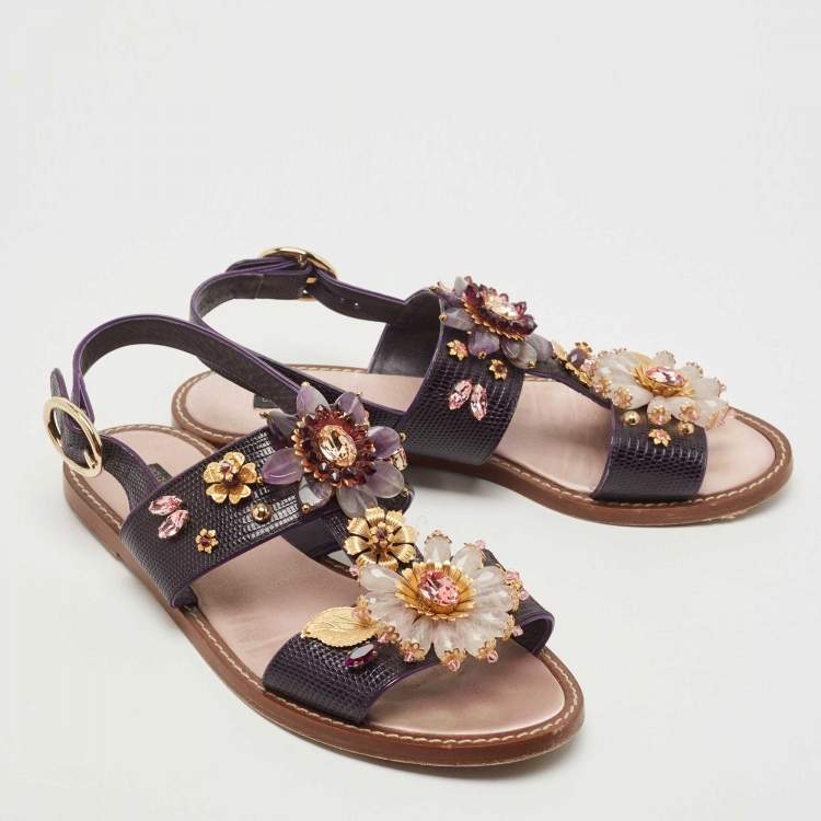 Pre Owned Dolce & Gabbana Purple Lizard Embossed Leather Embellished Ankle Strap Flat Sandals Size 41