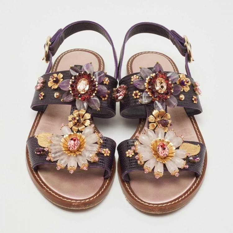 Pre Owned Dolce & Gabbana Purple Lizard Embossed Leather Embellished Ankle Strap Flat Sandals Size 41