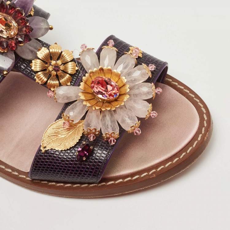 Pre Owned Dolce & Gabbana Purple Lizard Embossed Leather Embellished Ankle Strap Flat Sandals Size 41