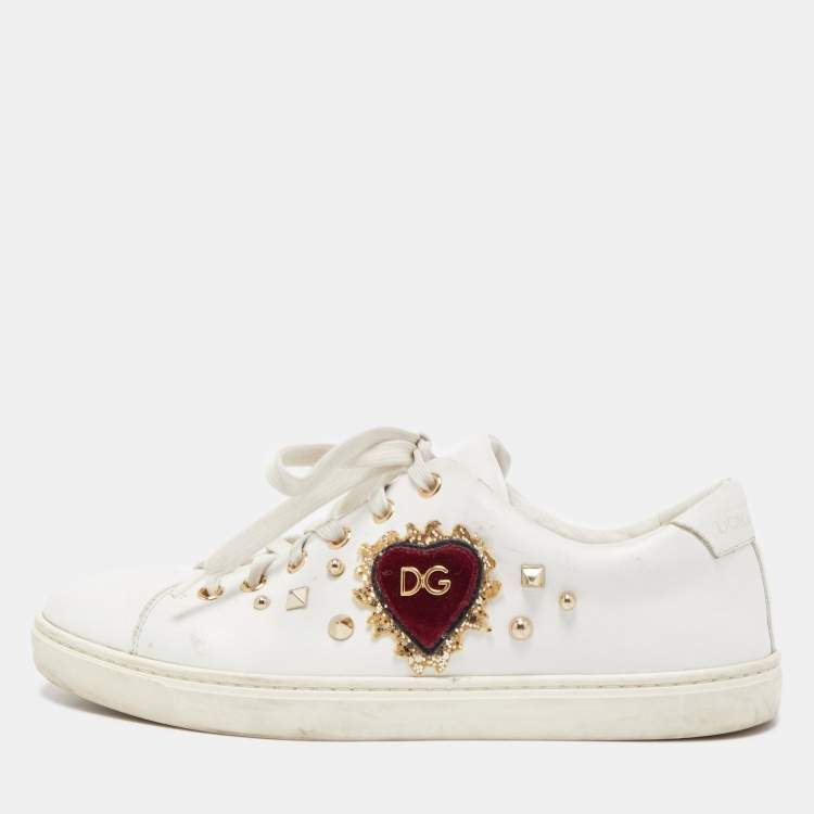 Pre Owned Dolce & Gabbana White Leather Embellished Heart Portofino Sneakers Size 39