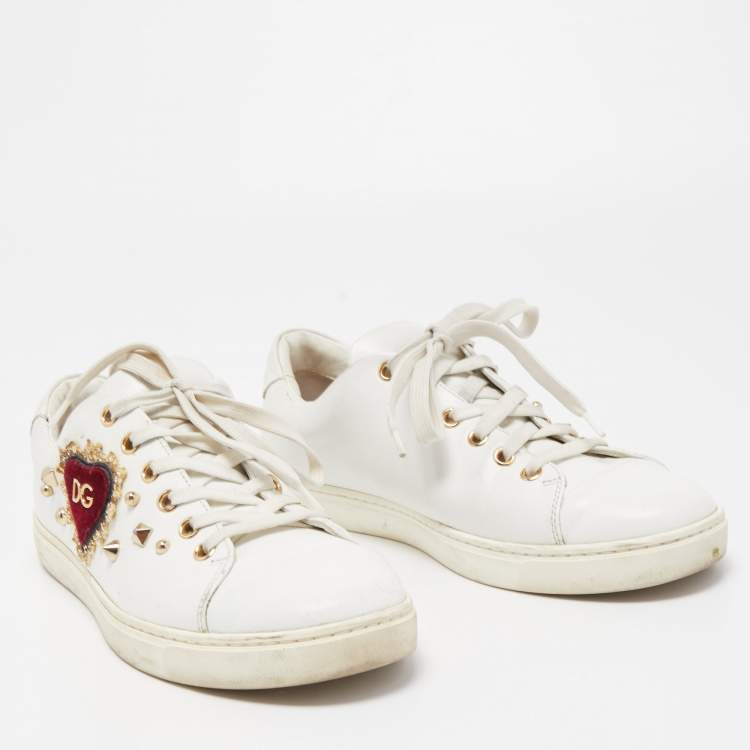Pre Owned Dolce & Gabbana White Leather Embellished Heart Portofino Sneakers Size 39
