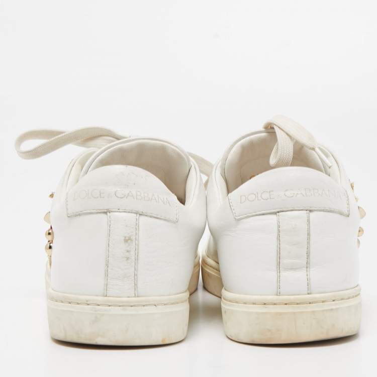 Pre Owned Dolce & Gabbana White Leather Embellished Heart Portofino Sneakers Size 39