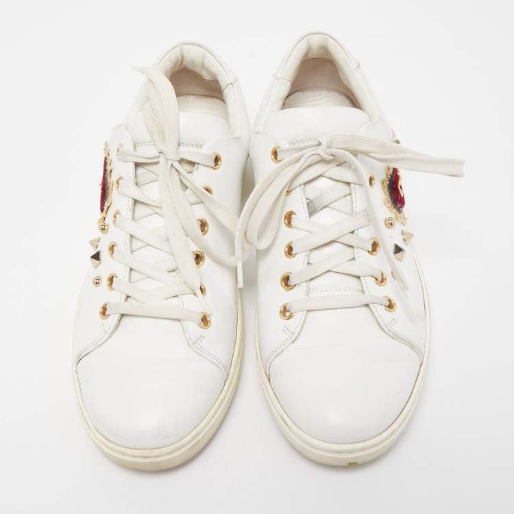 Pre Owned Dolce & Gabbana White Leather Embellished Heart Portofino Sneakers Size 39