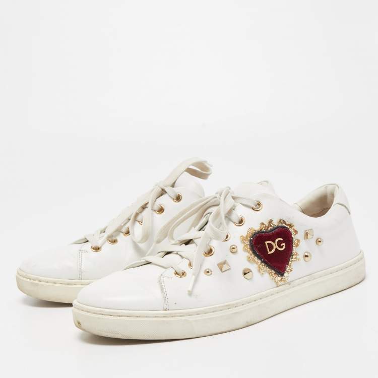 Pre Owned Dolce & Gabbana White Leather Embellished Heart Portofino Sneakers Size 39