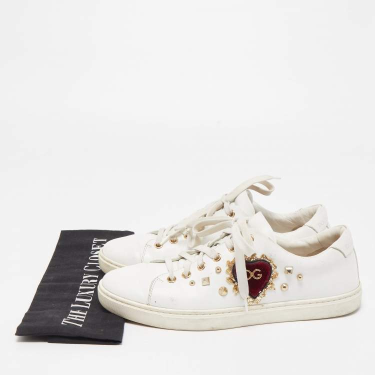 Pre Owned Dolce & Gabbana White Leather Embellished Heart Portofino Sneakers Size 39