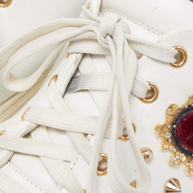 Pre Owned Dolce & Gabbana White Leather Embellished Heart Portofino Sneakers Size 39