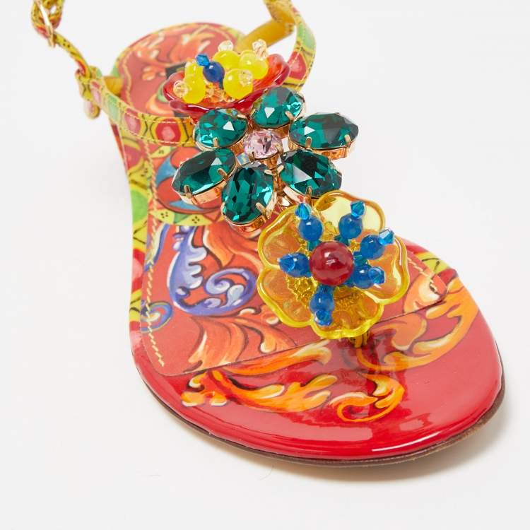 Pre Owned Dolce & Gabbana Multicolor Printed Patent Leather Embellished Ankle Strap Sandals Size 38