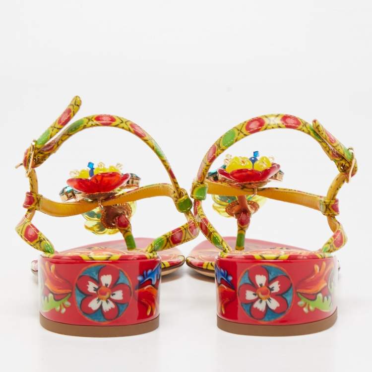 Pre Owned Dolce & Gabbana Multicolor Printed Patent Leather Embellished Ankle Strap Sandals Size 38