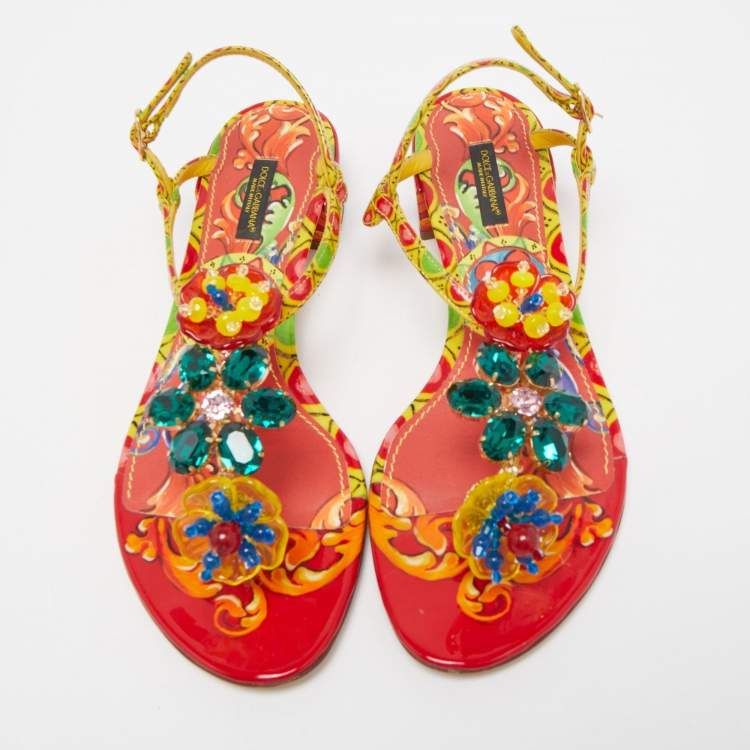 Pre Owned Dolce & Gabbana Multicolor Printed Patent Leather Embellished Ankle Strap Sandals Size 38