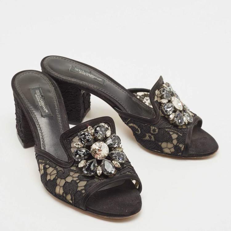 Pre Owned Dolce & Gabbana Black Lace Crystal Embellished Bianca Slide Sandals Size 36