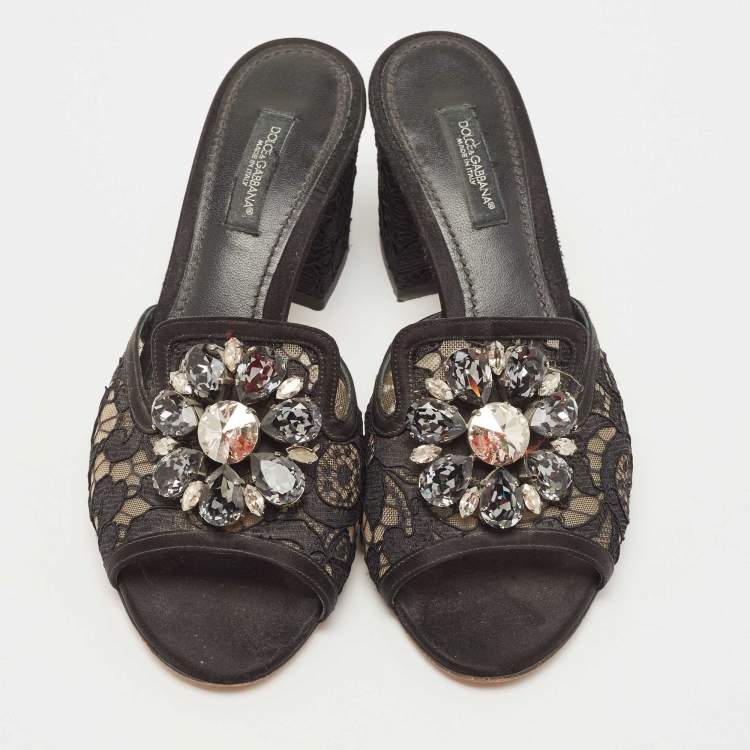 Pre Owned Dolce & Gabbana Black Lace Crystal Embellished Bianca Slide Sandals Size 36
