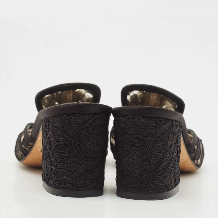 Pre Owned Dolce & Gabbana Black Lace Crystal Embellished Bianca Slide Sandals Size 36