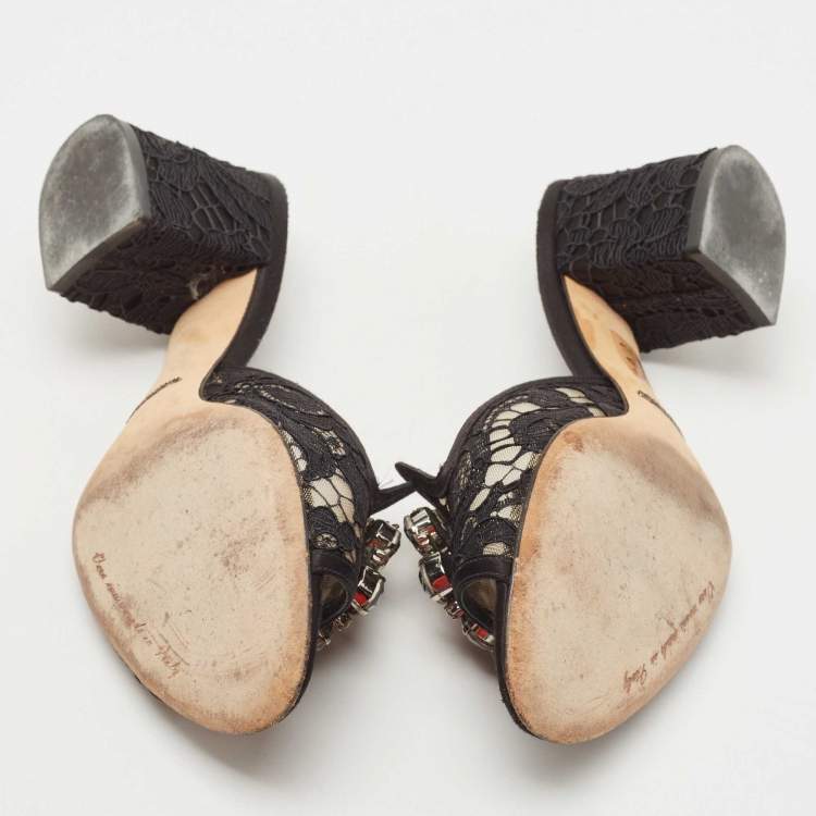 Pre Owned Dolce & Gabbana Black Lace Crystal Embellished Bianca Slide Sandals Size 36