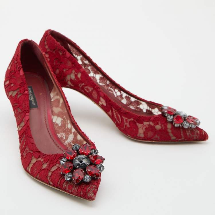 Pre Owned Dolce & Gabbana Red Lace Bellucci Pumps Size 37.5