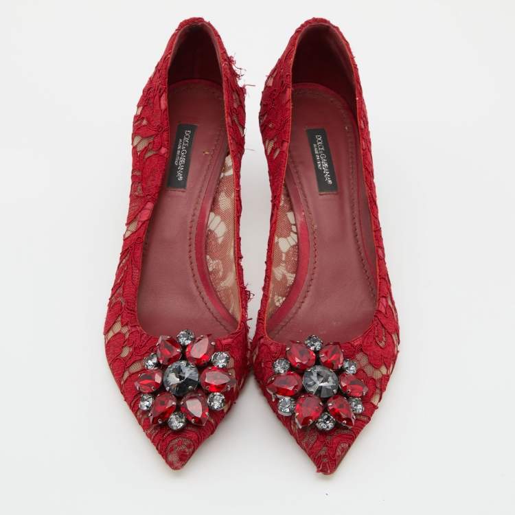 Pre Owned Dolce & Gabbana Red Lace Bellucci Pumps Size 37.5