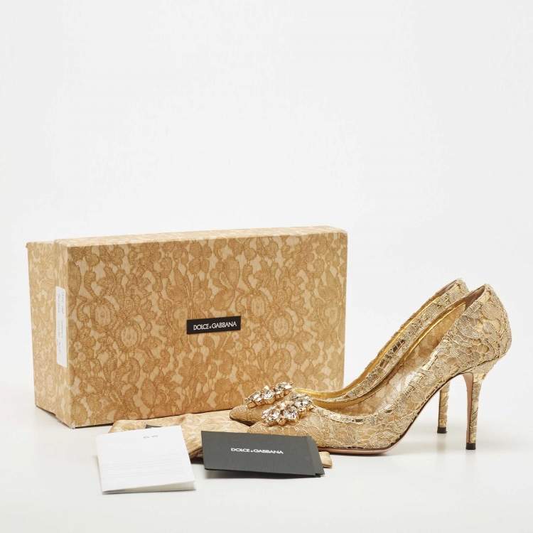 Pre Owned Dolce & Gabbana Gold Lace Bellucci Crystal Embellished Pumps Size 39