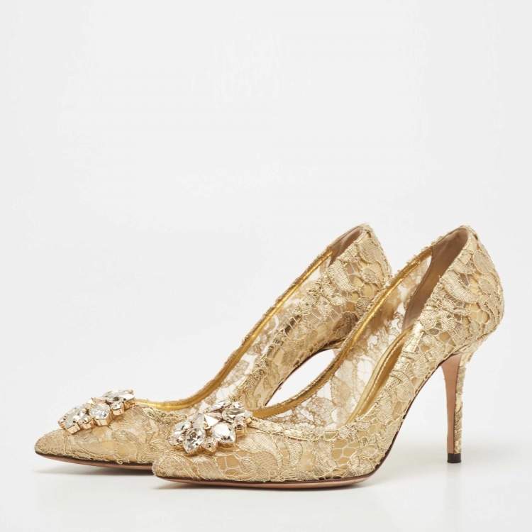 Pre Owned Dolce & Gabbana Gold Lace Bellucci Crystal Embellished Pumps Size 39