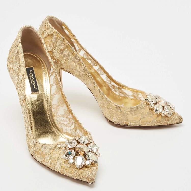 Pre Owned Dolce & Gabbana Gold Lace Bellucci Crystal Embellished Pumps Size 39