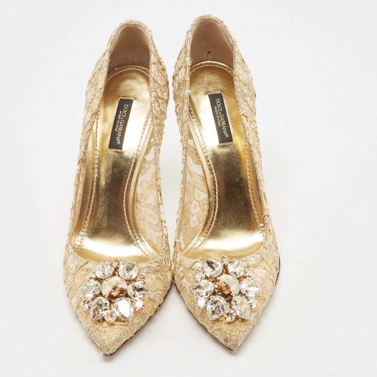 Pre Owned Dolce & Gabbana Gold Lace Bellucci Crystal Embellished Pumps Size 39