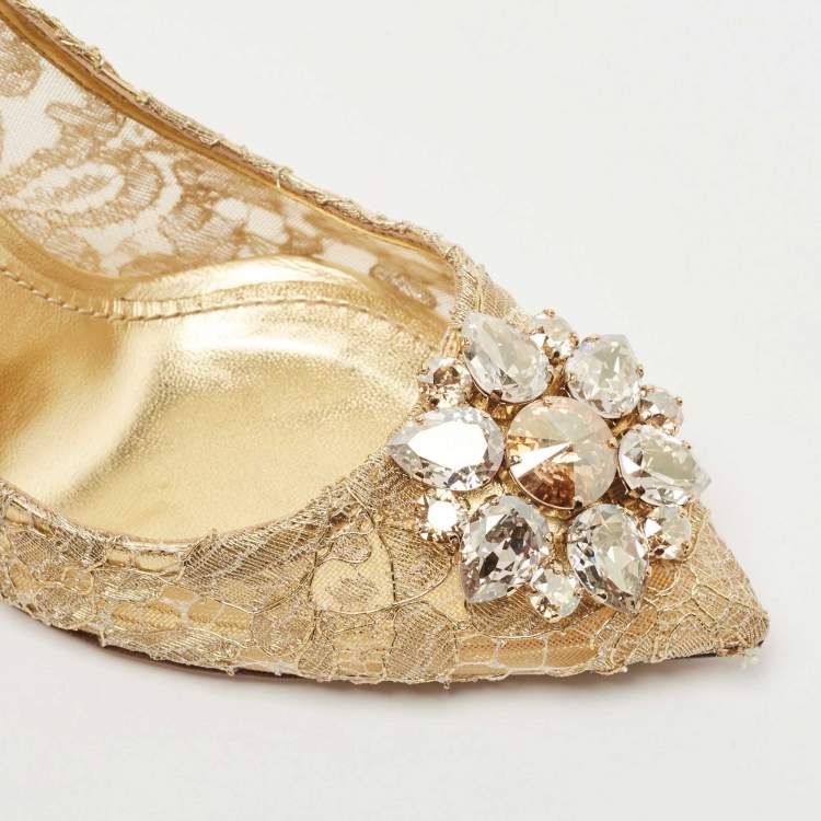Pre Owned Dolce & Gabbana Gold Lace Bellucci Crystal Embellished Pumps Size 39