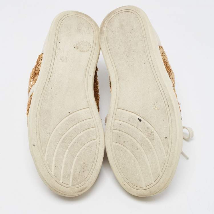Pre Owned Dolce & Gabbana Cream Leather and Sequin Embellished Low Top Sneakers Size 36