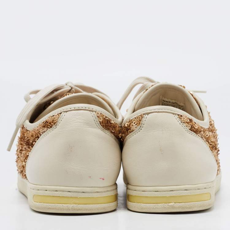 Pre Owned Dolce & Gabbana Cream Leather and Sequin Embellished Low Top Sneakers Size 36