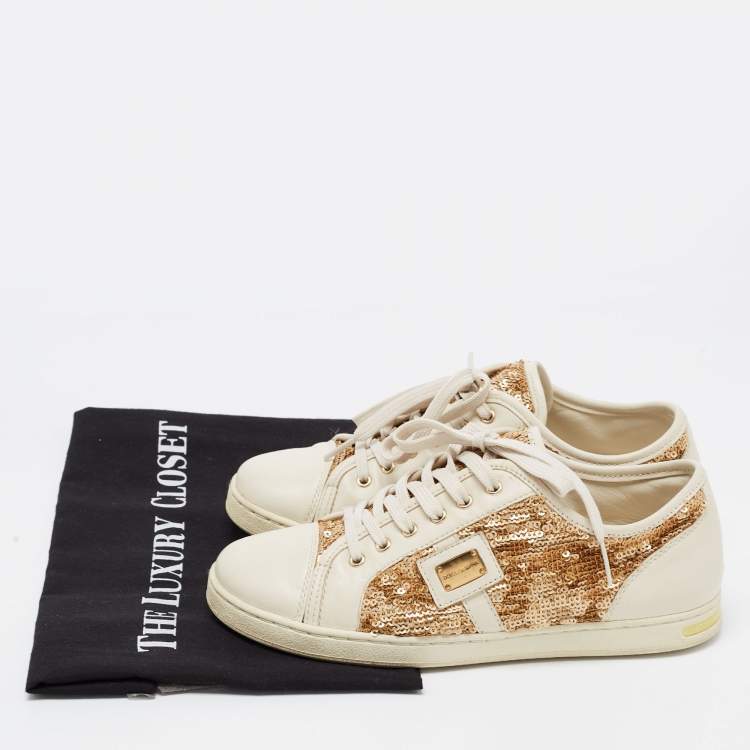 Pre Owned Dolce & Gabbana Cream Leather and Sequin Embellished Low Top Sneakers Size 36