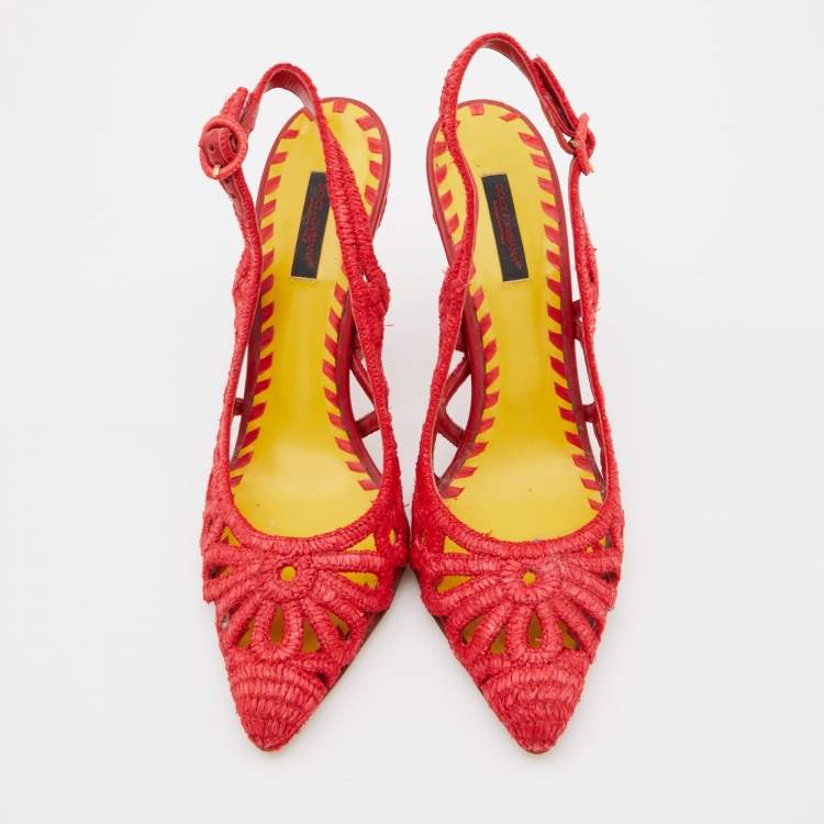 Pre Owned Dolce & Gabbana Red Woven Raffia Slingback Pumps Size 38
