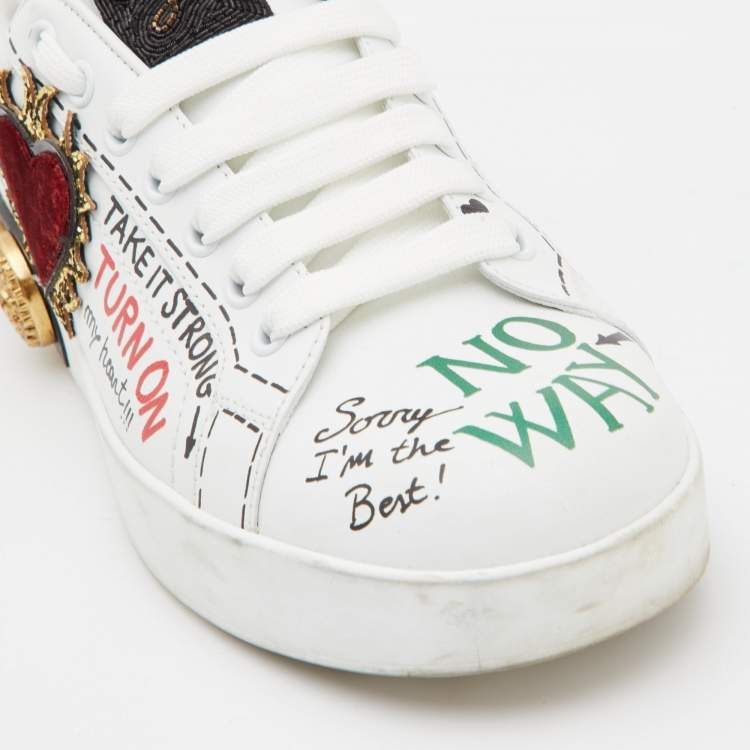 Pre Owned Dolce & Gabbana White Leather Portofino Embellished Low Top Sneakers Size 38