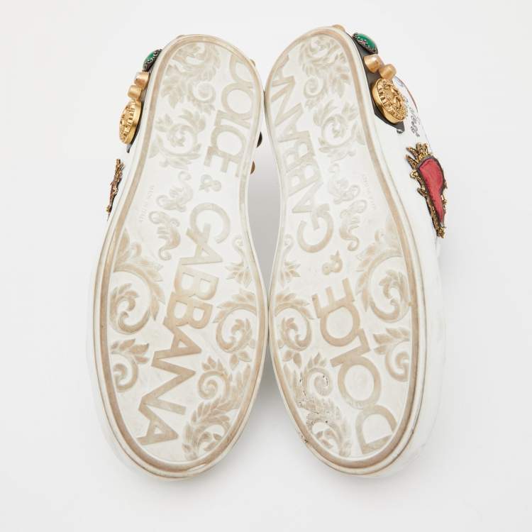 Pre Owned Dolce & Gabbana White Leather Portofino Embellished Low Top Sneakers Size 38