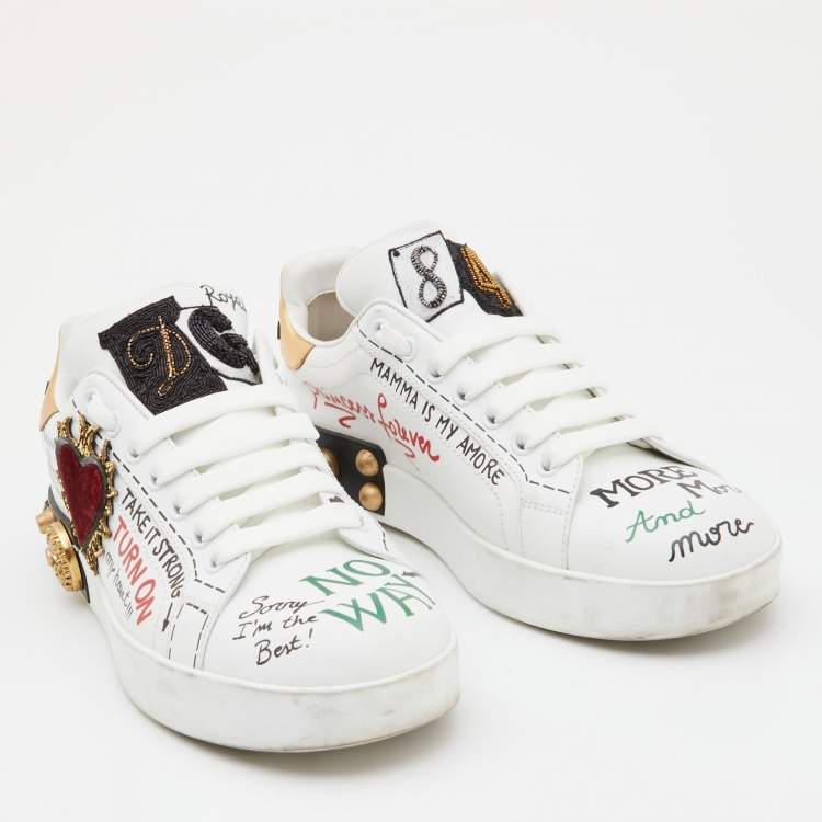 Pre Owned Dolce & Gabbana White Leather Portofino Embellished Low Top Sneakers Size 38