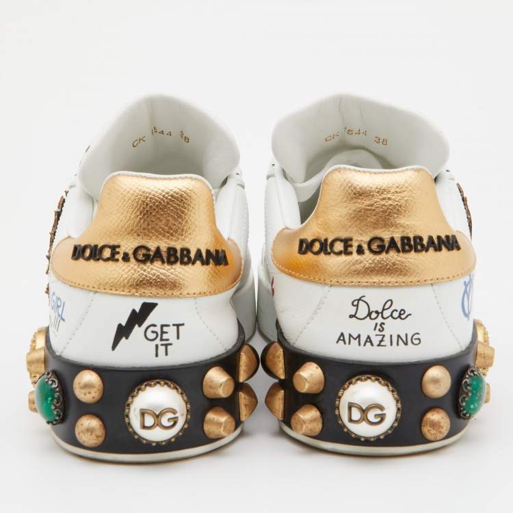 Pre Owned Dolce & Gabbana White Leather Portofino Embellished Low Top Sneakers Size 38