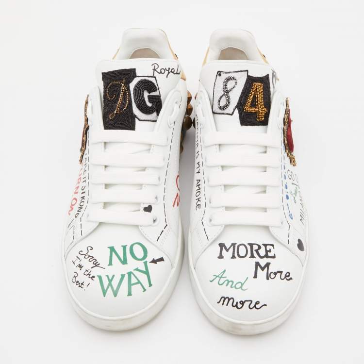Pre Owned Dolce & Gabbana White Leather Portofino Embellished Low Top Sneakers Size 38
